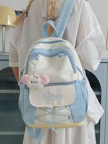 Cute Colorblock Drawstring Backpack For Girls, Lightweight School Bag For Junior High And High School Students, Kids Travel, Shopping, Outing, Fashion Commute And Casual Backpack - A - View 2