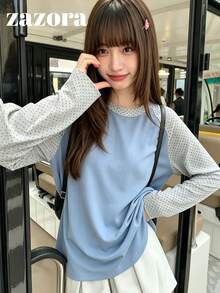 Contrast Color Print Raglan Sleeve T-Shirt, Autumn Korean Style Design Loose Fit Base Layer Top - Blue - View 3