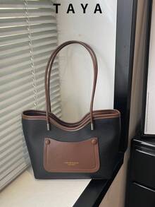 Women's Colorblock Tote Bag, Large Capacity Faux Leather Handbag, Casual Daily Commute Shopping Shoulder Bag, For Women - Black - View 2