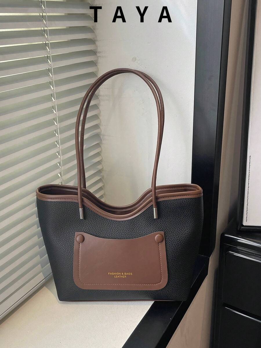 Women's Colorblock Tote Bag, Large Capacity Faux Leather Handbag, Casual Daily Commute Shopping Shoulder Bag, For Women
