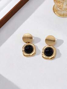 1 Pair Exquisite Vintage Tiger Eye Stone Brushed Gold Round Disc Pendant Earrings For Women, Daily Commute, Party, Ball - Earring - View 6