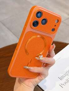 Premium Litchi Texture CD Pattern Magnetic Wireless Charging Phone Case, Compatible With IPhone 17 Pro Max 17 Pro 16 Pro Max 15 Pro Max 14 Pro 13 12, Luxury Matte Lens Protection Shockproof Cushion Back Cover - Orange - View 2