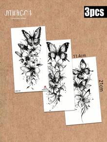 3pcs Waterproof Temporary Tattoo Sticker, Printed Gothic Ink Splatter Butterfly Pattern With Flowing Vine Details, Long Lasting Body Art Sticker For Women, Fit For Party & Daily Wear On Arm, Waist, Leg, Ankle - Black - View 9