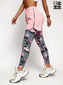 mulinsen Women's Double Layer Sports Leggings, Camouflage Print Drawstring Waist Quick Dry Shorts, Jogging Fitness Daily Workout Wear - Pink - View 1