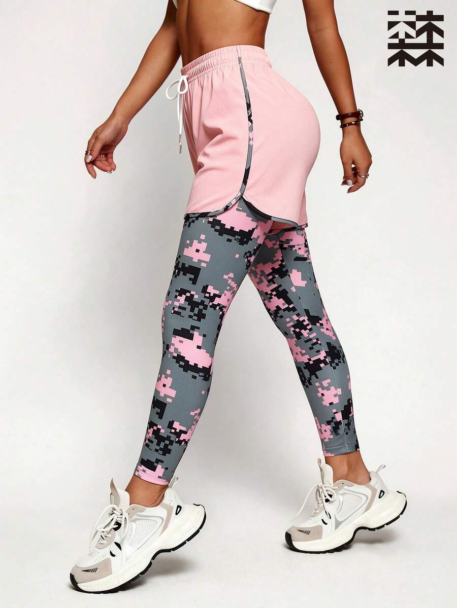 mulinsen Women's Double Layer Sports Leggings, Camouflage Print Drawstring Waist Quick Dry Shorts, Jogging Fitness Daily Workout Wear - Pink - View 1