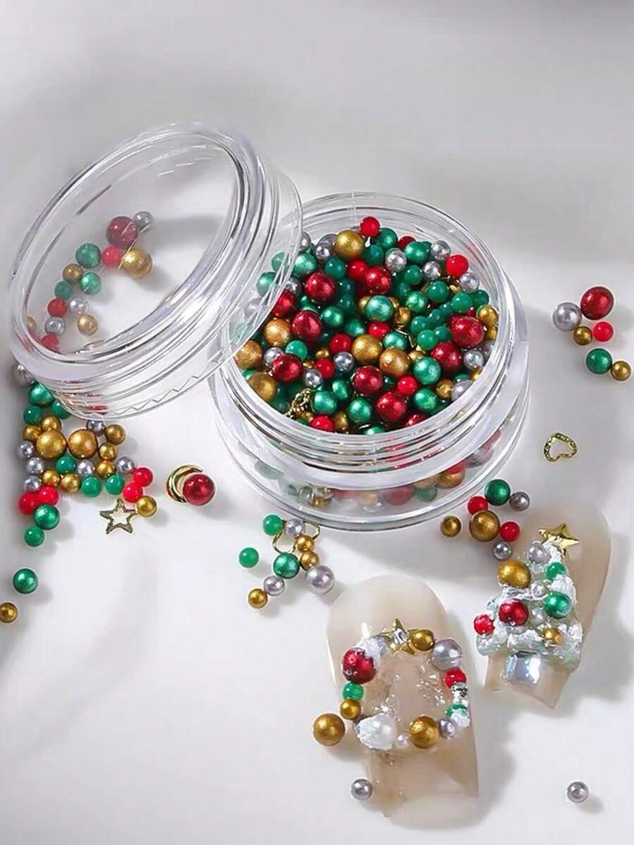 limitpretty 1 Box Christmas Nail Art Rhinestones, Mixed Color Beads And Metal Charms, DIY 3D Christmas Tree Nail Decoration, Suitable For Press-On Nails, Christmas Nail Gem Material Set - Multicolor - View 1