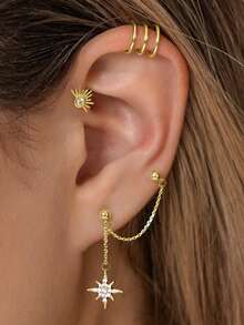 5pcs Women's Earring Set, Multi-Color Copper Inlaid CZ Fashion Personalized Geometric Star Tassel Pendant Earrings Set, Autumn Matching, Wedding Jewelry, Jewelry Gift, Daily Party Holiday Matching - Multicolor - View 4