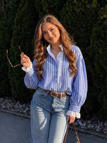 Kemeja Wanita Gaya Preppy Bergaris Biru, Trim Ruffle Renda Kontras, Lengan Panjang Mengembang, Kerah Kemeja, Blus Poliester Modis - MultiWarna - View 1