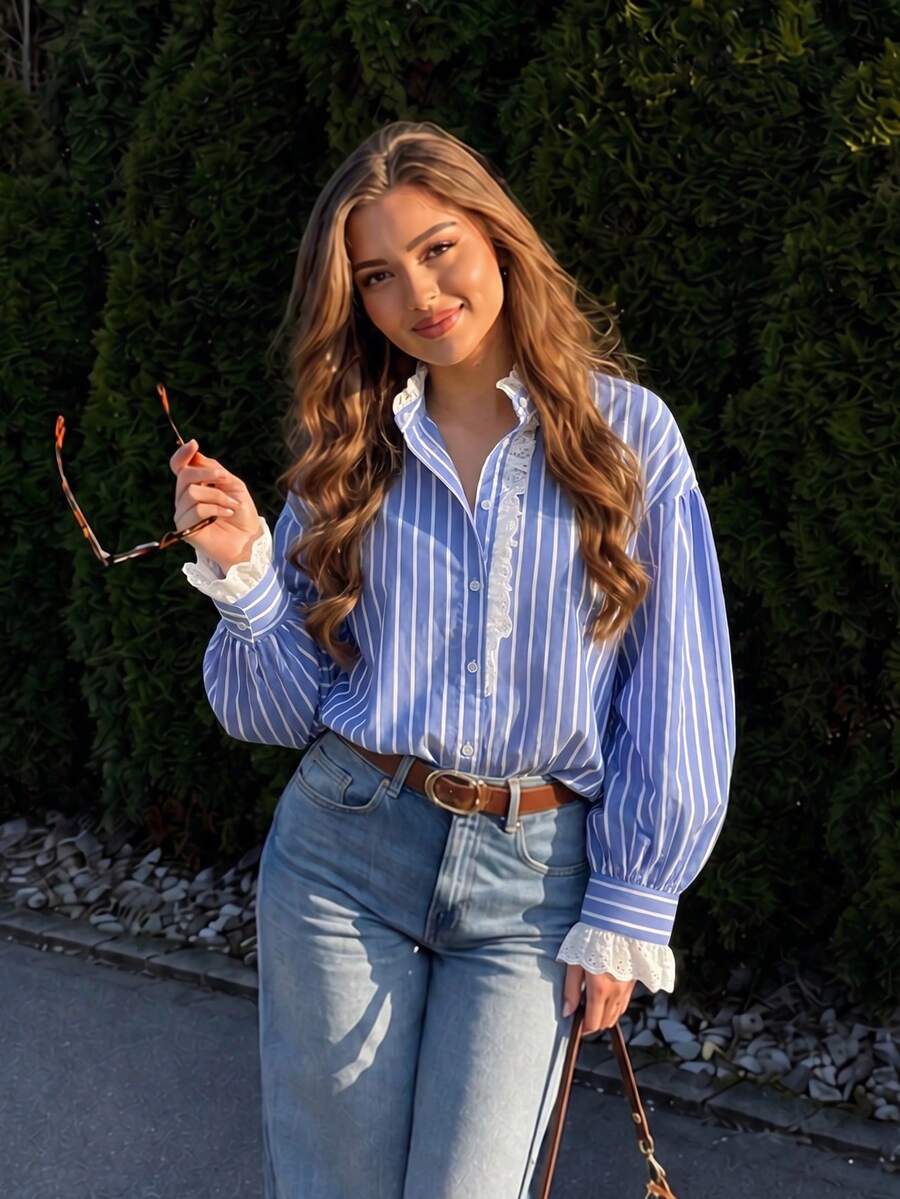 Kemeja Wanita Gaya Preppy Bergaris Biru, Trim Ruffle Renda Kontras, Lengan Panjang Mengembang, Kerah Kemeja, Blus Poliester Modis - MultiWarna - View 1