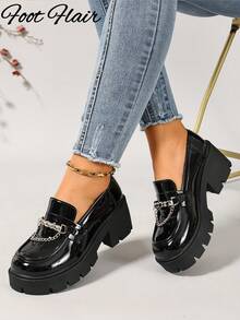 Foot Flair 女款金屬鏈飾厚底踝帶經典舒適黑色樂福鞋 35-43 號 - 黑色 - 查看 7