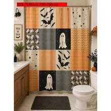 1Pcs Halloween Shower Curtain | Orange Black Pattern, Patchwork Ghosts And Bats Decoration Home Decor Bathroom Decor - A - View 7
