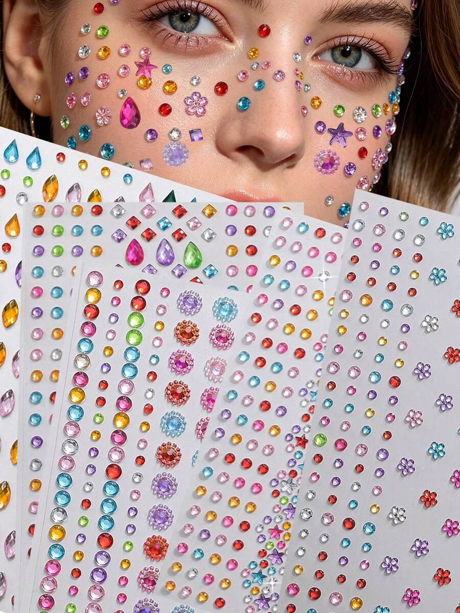 1pc 3D Rainbow Rhinestone Face Sticker, 1pc Acrylic Shiny Heart Sticker, Self-Adhesive Rhinestone Design, Suitable For Makeup And Clothing, Colorful Rhinestone Face Stickers, Perfect For Valentine's Day, Holidays, Parties And Events - Multicolor - View 1