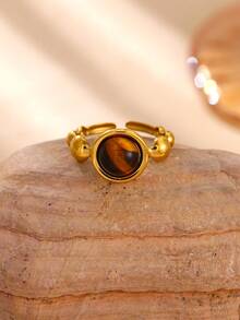 Geometric Round Amber Stone Rings For Women Stainless Steel Ring Waterproof Non-Fade Fashion Jewelry Gifts For New Year,Birthday,Party - Multicolor - View 3