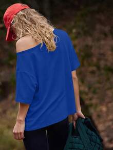 Speed mate Women's Baby Blue Casual Semi-Sheer Asymmetrical Hem Solid Color T-Shirt, Drop Shoulder Sleeve Sports Top - Blue - View 5