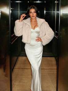 Vexica Women's Off-White Faux Fur Short Coat, Collared Long-Sleeved Plush Top, Perfect For Autumn/Winter Dates And Evening Wear. - Apricot - View 5