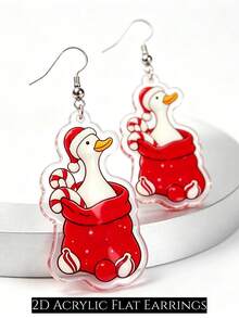 Boucles d'oreilles pendantes canard de Noël plates 2D, pendentifs d'oreilles en acrylique canard avec sac cadeau bonnet de Noël mignon, bijoux de fête canne de bonbon de Noël, cadeau de Noël - Canard de Noël - Voir 5