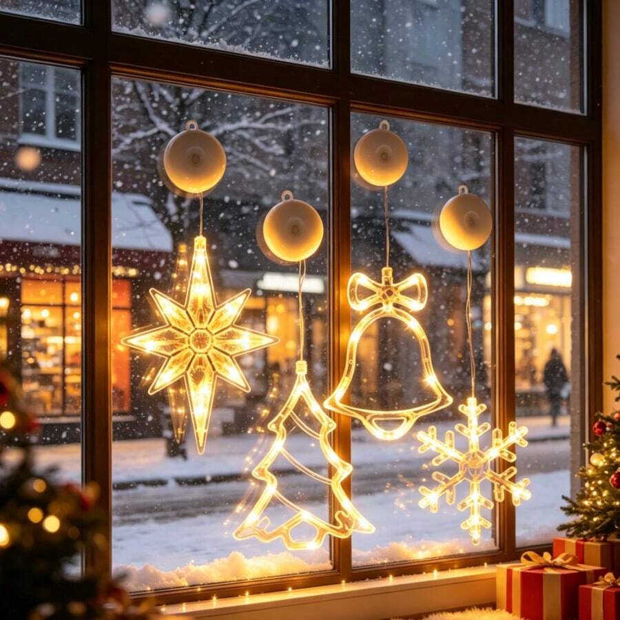 4-Piece Set: Christmas Hanging LED Suction Cup Decorations – Festive String Lights Featuring North Star, Snowflake, Tree, And Bell Shapes; Suitable For Windows And Curtains; Battery-Operated; Festive Decor And Christmas Lighting. - Christmas Suction Cup 4-piece Set - View 1