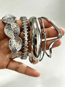 5pcs Vintage Casual Fashion Geometric Disc Hammered Textured Twisted Asymmetrical Wavy Bracelet Set Suitable For Women Daily Wear, Vacation And Holiday - Silver - View 5