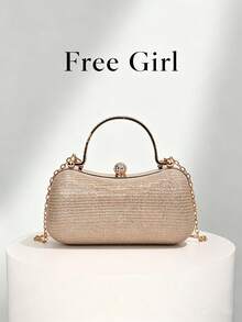 Elegant Shimmering Textured Evening Clutch Bag With Rhinestone Spherical Lock, Bridesmaid Wedding Dress Matching Crossbody Small Purse - Gold - View 1