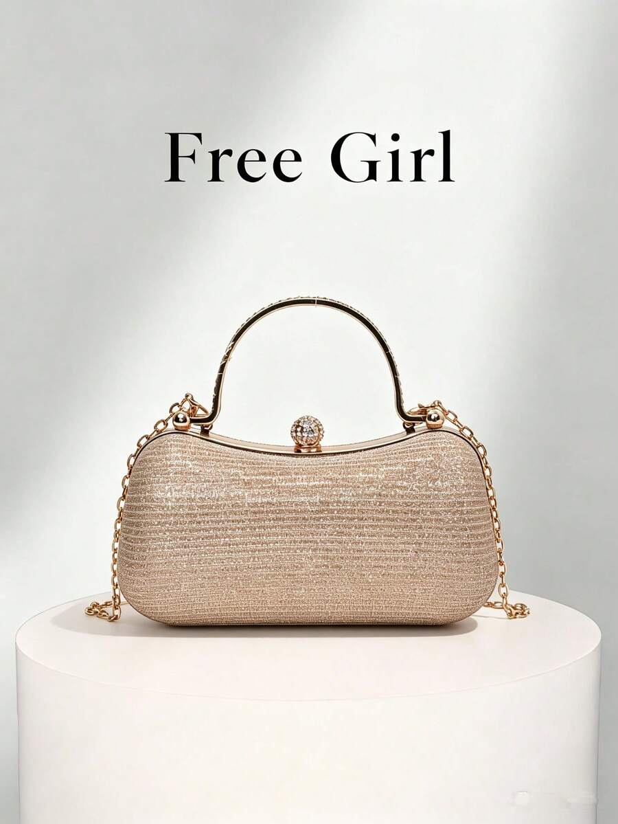 Elegant Shimmering Textured Evening Clutch Bag With Rhinestone Spherical Lock, Bridesmaid Wedding Dress Matching Crossbody Small Purse - Gold - View 1