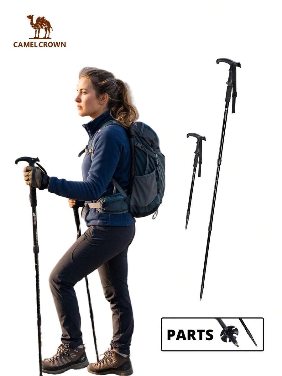 CAMEL CROWN T-Handle Hiking Pole, Lightweight Adjustable Aluminum Alloy Trekking Pole, Portable Folding Walking Cane, Suitable For Hiking And Travel - Black - View 1
