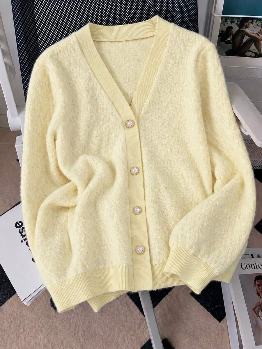 Autumn/Winter Girls' Fashion Sweet Casual Pearl Button Knit Faux Fur Cardigan Long Sleeve Jacket Top - Yellow - View 1
