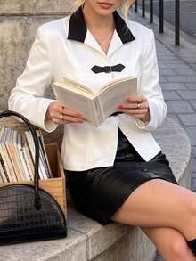 Women Fall Elegant Contrast Lapel Blazer, Bow Buckle Detail Long Sleeve Slim Fit Cropped Coat Daily Commute Festival Tops - White - View 8