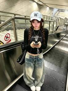 Street Style Spicy Girl Slim Fit Square Shoulder Long Sleeve T-Shirt For Women, 2026 New Autumn Design Niche Slimming Short Y2K Top - Black - View 1