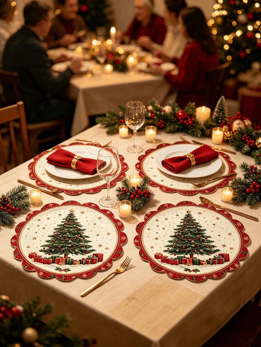 1/2/4pcs Linen Round Placemats, Christmas Tree Snowflake Gift Pattern, Christmas Print, Suitable For Kitchen And Dining Room Decoration. Christmas Family Gathering Party Atmosphere Table Decor, Utensils Not Included - Multiple Styles - View 1