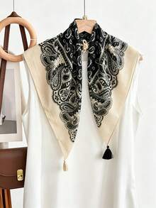Women's Vintage Paisley Print Triangle Scarf, Beige Base With Contrasting Tassel Edge, Soft Neck Square Scarf, Suitable For Daily Casual Wear - Multicolor - View 1