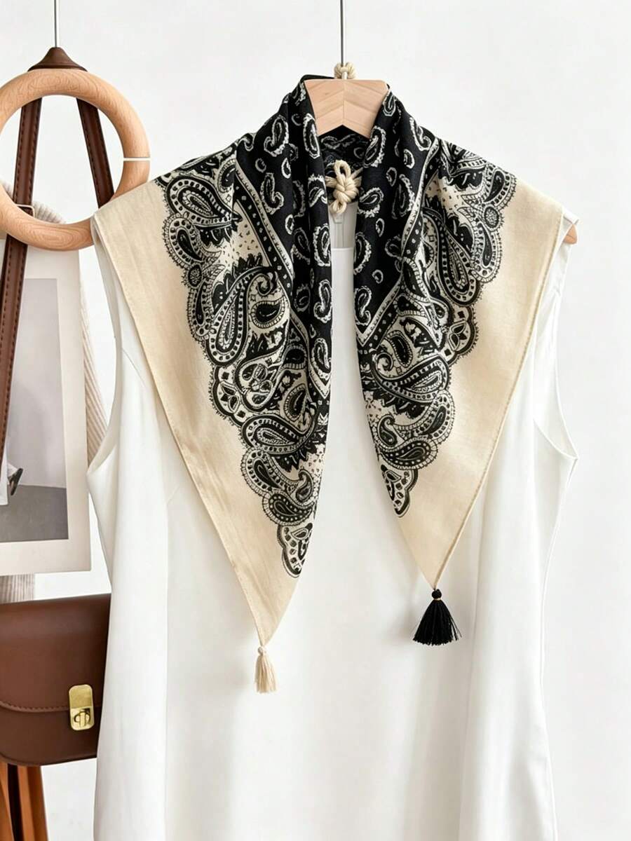Women's Vintage Paisley Print Triangle Scarf, Beige Base With Contrasting Tassel Edge, Soft Neck Square Scarf, Suitable For Daily Casual Wear - Multicolor - View 1