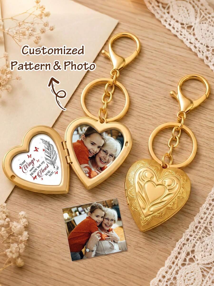 1pc Personalized Photo Locket Keychain For Mom, Custom Gold Vintage Heart Locket, Custom Mother's Day Gift For Grandma,Memorial Gift For Loved Ones - Gold - View 1