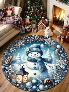 1pc Blue Snowman Lantern Round Christmas Rug, Decorative Carpet, Bedroom Decor, Small Rug, Carpet, Home Decor, Living Room Rug, Living Room Small Rug, Bedroom Rug, Living Room Home Decor - Multicolor - View 1