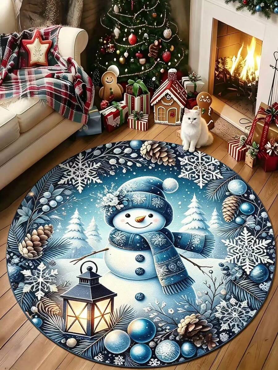 1pc Blue Snowman Lantern Round Christmas Rug, Decorative Carpet, Bedroom Decor, Small Rug, Carpet, Home Decor, Living Room Rug, Living Room Small Rug, Bedroom Rug, Living Room Home Decor - Multicolor - View 1
