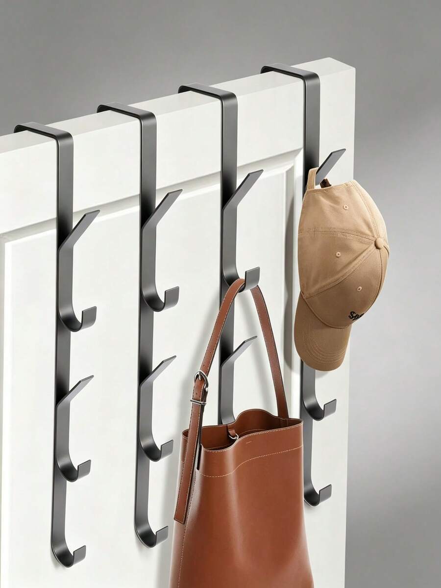 1pc/2pcs Carbon Steel Over-The-Door Hooks, Multi-Functional Space-Saving Vertical Storage Hooks, No-Drill Door Hanging Storage Rack, Suitable For Bathroom, Bedroom, Entryway, Sturdy Door Back Clothing Rack, Towel Rack, Home Bathroom Accessories, Home Decor Storage