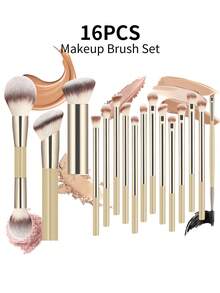 ronshadow 16pcs Makeup Brush Set With Leather Storage Bag, Triangular Powder Puff, Face Powder Brush, Blush Brush, Foundation Brush And Full Set Of Eye Brushes, Suitable For Students' Daily, Party, Makeup Practice, Short Trips And Touch-Up Scenarios - Multicolor - View 16
