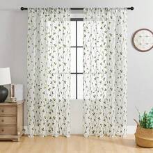 2pcs Embroidered Semi-Sheer Curtains, Light Filtering, Suitable For Kitchen, Home Or Office, Solid Color Design, Modern Country Style, Suitable For Bedroom And Living Room Use - Green - View 2