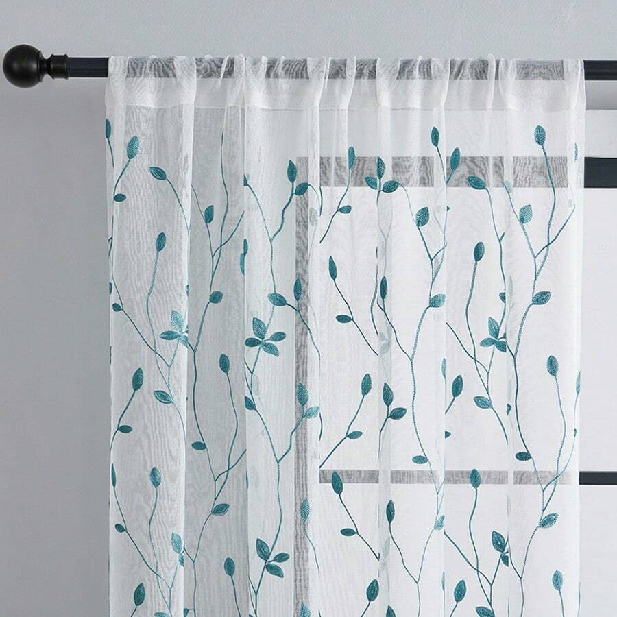 2pcs Embroidered Semi-Sheer Curtains, Light Filtering, Suitable For Kitchen, Home Or Office, Solid Color Design, Modern Country Style, Suitable For Bedroom And Living Room Use - Blue - View 1