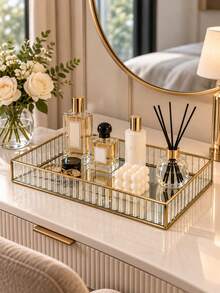 1pc Nordic Luxury Rectangular Striped Glass Storage Tray, Gold Iron Frame With Mirror Glass Bottom, Multi-Functional Vanity Organizer, Suitable For Jewelry, Perfume, Cosmetics, Skincare, Bathroom, Bedroom And Home Decor,Bedroom Room Decor,Back To School - Striped Glass - View 1