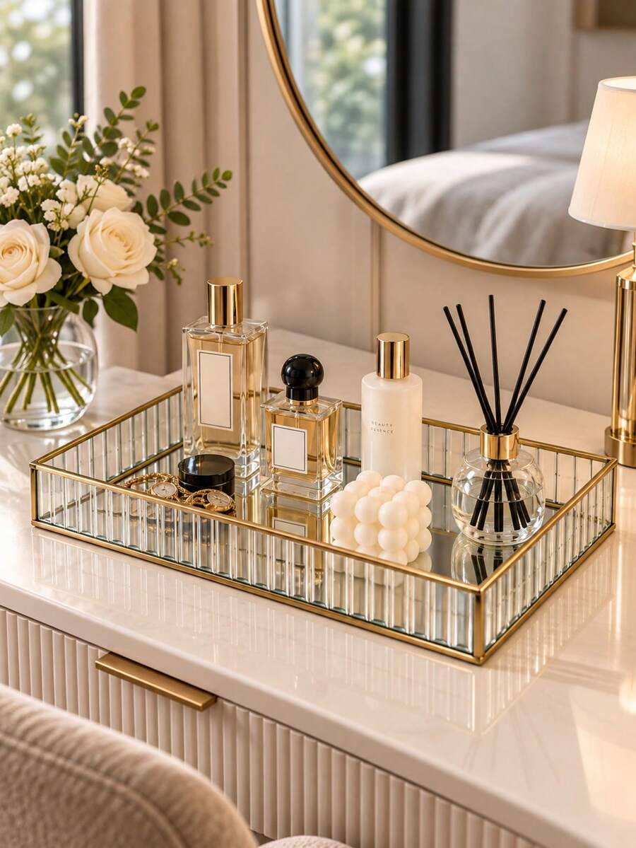 1pc Nordic Luxury Rectangular Striped Glass Storage Tray, Gold Iron Frame With Mirror Glass Bottom, Multi-Functional Vanity Organizer, Suitable For Jewelry, Perfume, Cosmetics, Skincare, Bathroom, Bedroom And Home Decor,Bedroom Room Decor,Back To School - Striped Glass - View 1