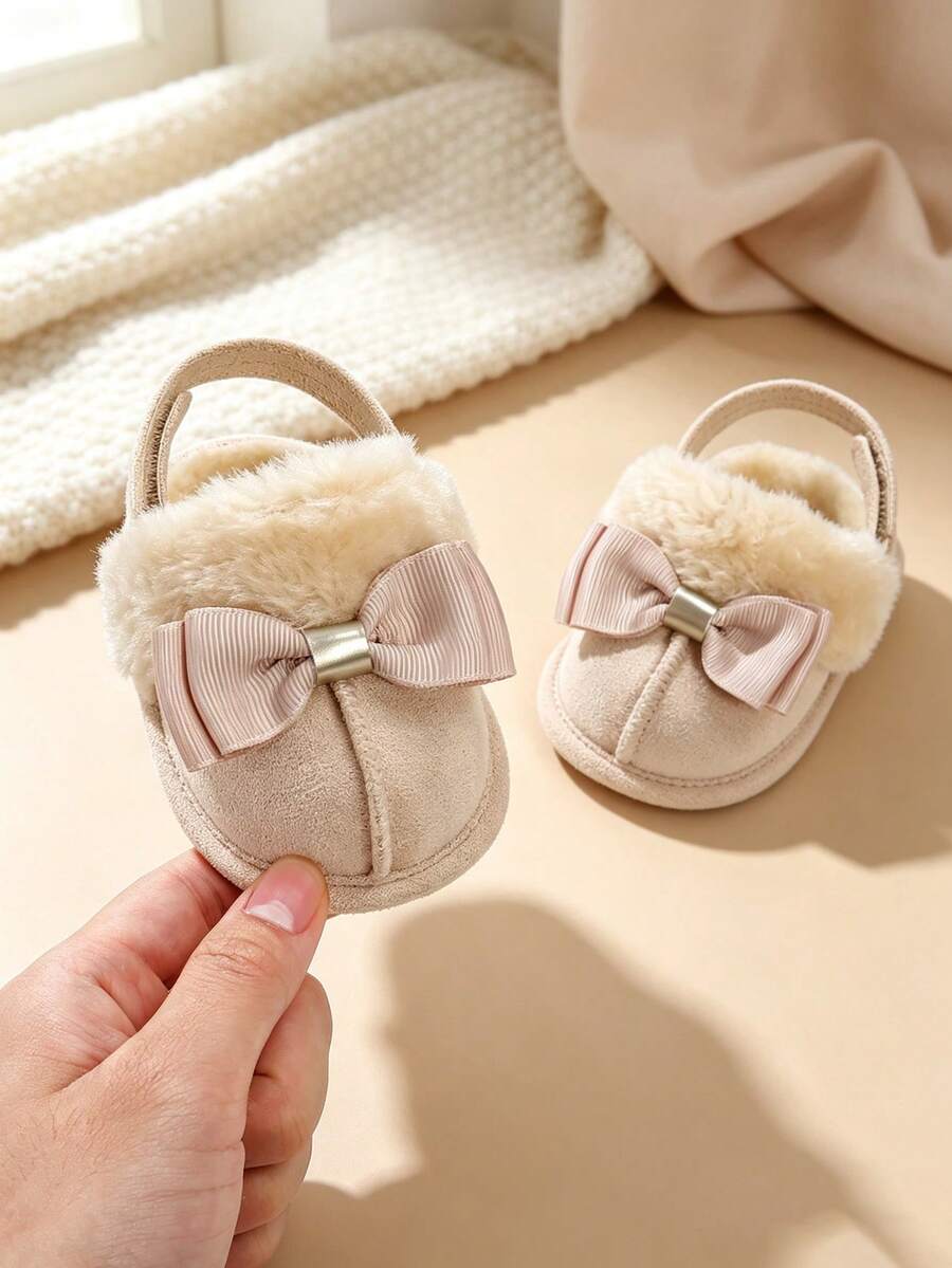 Infant Girl Bow Shoes, Plush Soft Sole Warm Toddler Shoes And Infant Slippers, Suitable For 0-18 Months