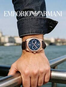 EMPORIO ARMANI Men's Quartz Watch, Rose Gold Case, Deep Blue Dial, Brown Leather Strap, Chronograph Business Watch - Blue - View 5