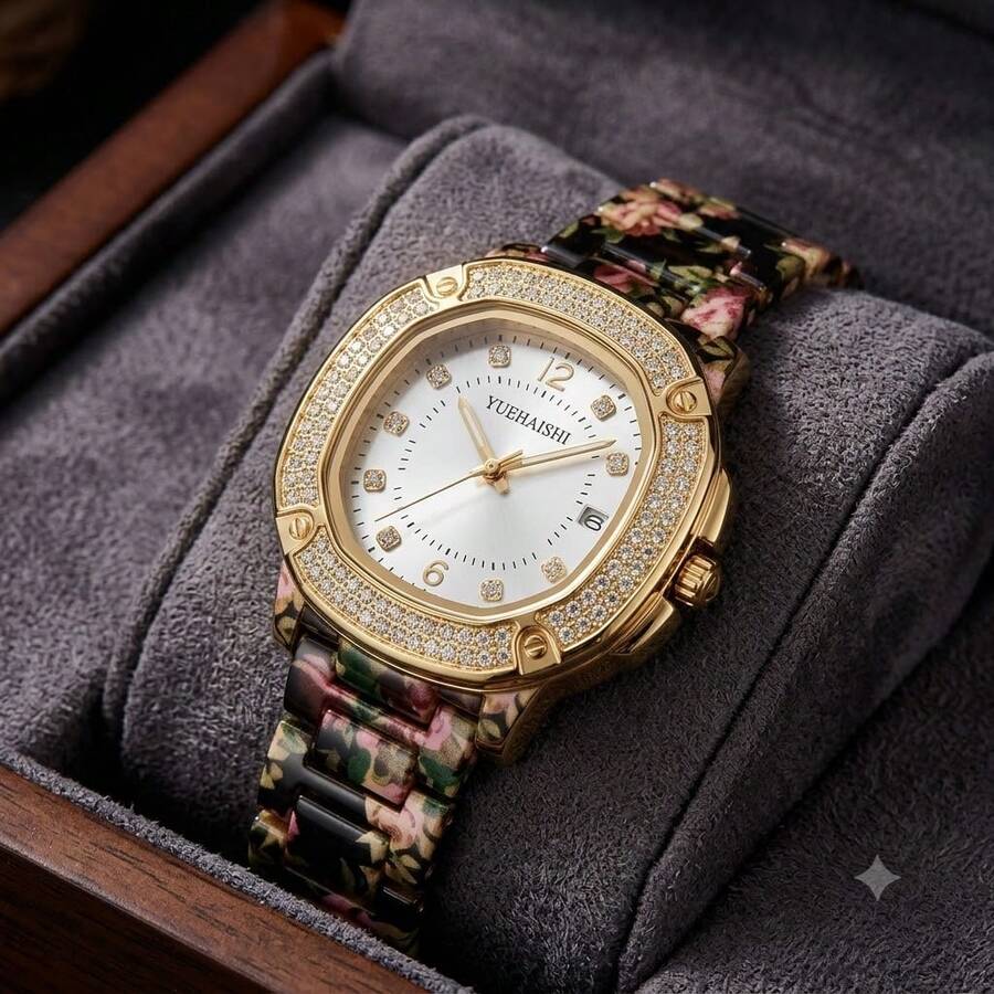 Women's Fashion Analog Watch Oval Case Sparkling Stone Bezel Floral Pattern Metal Strap Date Display Casual Wristwatch - Mouldless - View 1