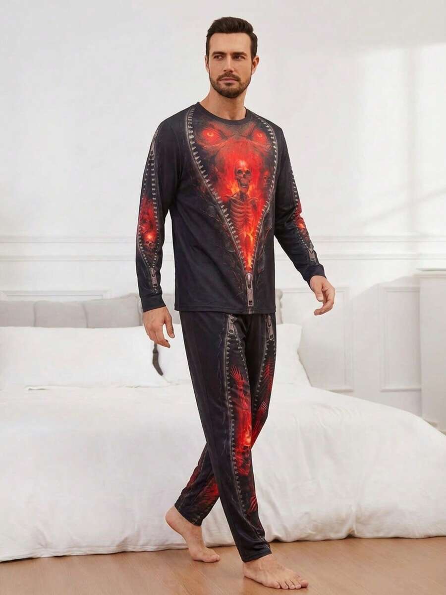 Men's Halloween Themed Pajamas, Skeleton Flame Print Long Sleeve Top + Pants, Fun Design Holiday Party Outfit Recommendation - Black - View 1