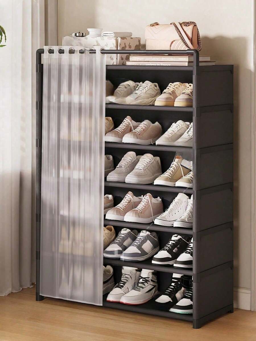 1pc Multi-Layer Shoe Rack With Curtain, Minimalist Dust-Proof Shoe Cabinet Storage Display Rack, With Drawer, Large Capacity Shoe Storage Unit, Suitable For Indoor/Outdoor, Entryway And Home, Ideal Christmas Gift - Multicolor - View 1
