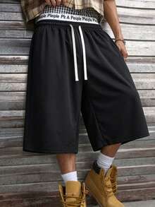 New Spring/Summer Men's Sports 3/4 Pants, Casual Drawstring Elastic Waistband, With Pockets, Black - Black - View 1