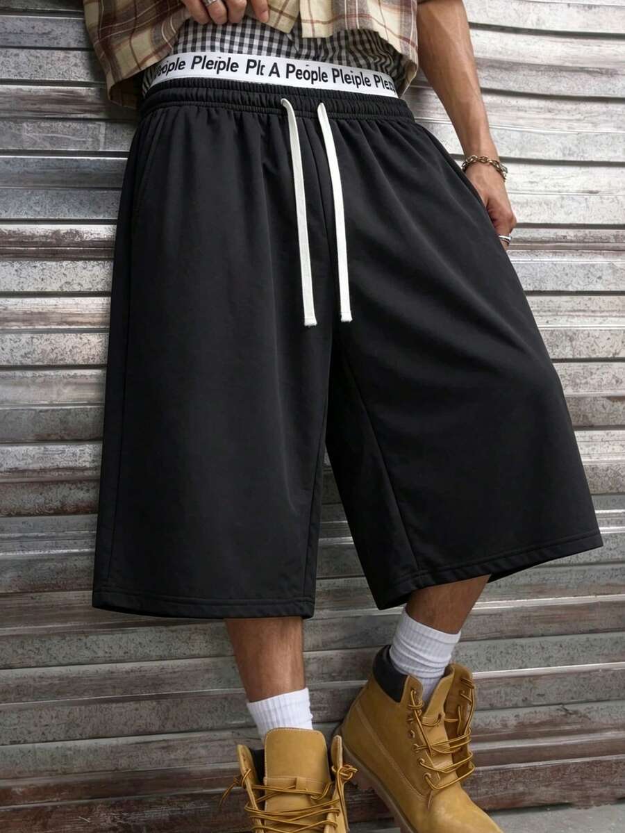 New Spring/Summer Men's Sports 3/4 Pants, Casual Drawstring Elastic Waistband, With Pockets, Black - Black - View 1