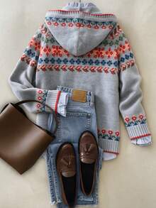 Women's Fall Winter Heather Grey Fair Isle Jacquard Hooded Drawstring Soft Fuzzy Knit Pullover Sweater, Contrast Trim Cozy Casual Daily Holiday Wear - Grey - View 4