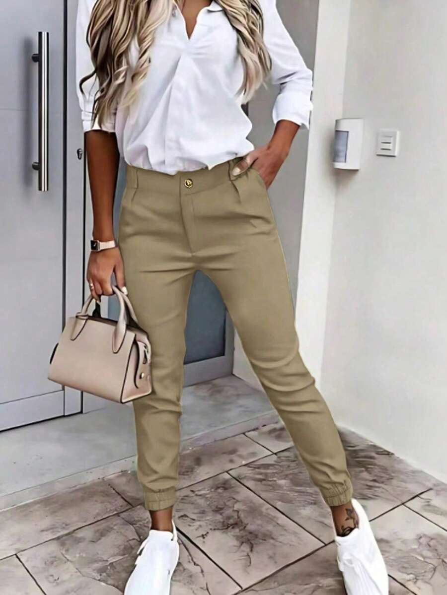 Women's Slim Fit Solid Color Lightweight Long Pants, Versatile For Commute & Everyday Wear, Spring/Summer Casual - Khaki - View 1