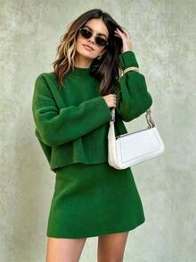 Lazy Street Style Knit Set, Half-High Neck Drop Shoulder Short Sweater + Elastic Waist Mini Skirt, Soft Casual Autumn/Winter Women's Matching Outfit - Green - View 3